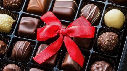 Assorted chocolate pralines in a gift box with a festive red bow