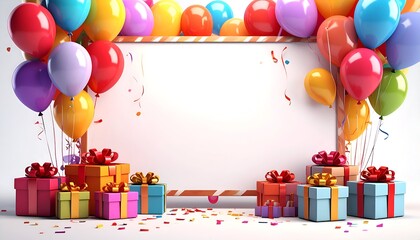 Colorful balloons, gifts, and confetti frame a blank sign. Celebration vibes