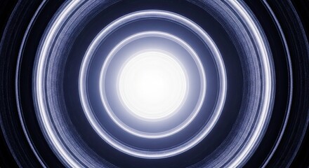 Abstract glowing concentric circles radiating bright white light in a dark blue and black vortex or tunnel