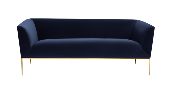 Modern deep blue sofa with gold-tone metal legs on transparent background