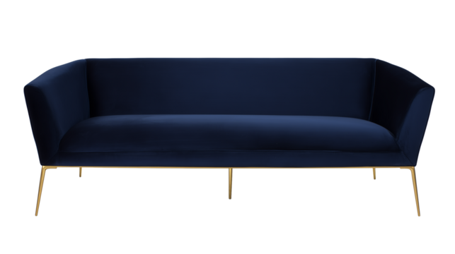 Modern navy blue sofa with gold-tone metal legs on transparent background