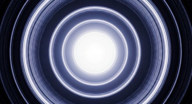 Abstract glowing concentric circles radiating bright white light in a dark blue and black vortex or tunnel