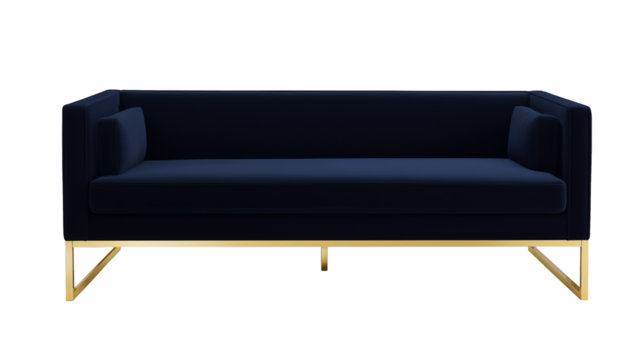 Modern sofa with deep blue upholstery and gold metal frame on transparent background