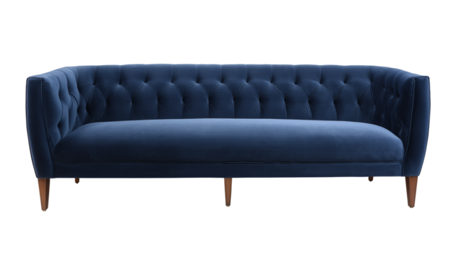 Deep blue tufted sofa with wooden legs on transparent background