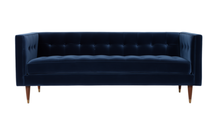 Elegant velvet sofa with deep blue upholstery and wooden legs on transparent background