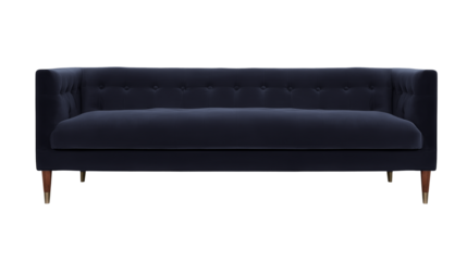 Modern sofa with dark blue velvet upholstery and gold metal legs on transparent background
