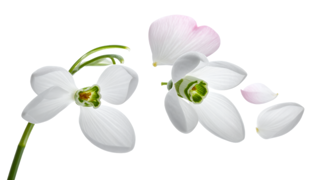 Delicate snowdrop flowers with falling petals against a clean white background, symbolizing spring and new beginnings
