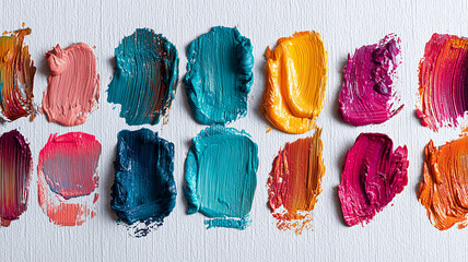 Rows of colorful oil paint swatches on textured paper arranged for palette reference or artistic creation concept.
