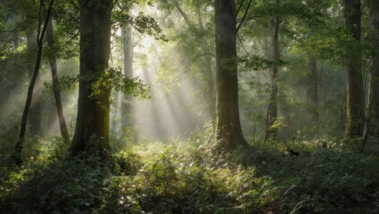 Fototapeta premium Sunlight Beams Through Forest Canopy Illuminating Lush Green Undergrowth.