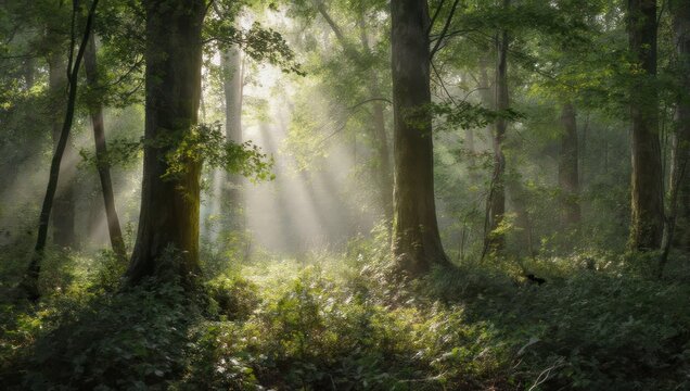 Sunlight Beams Through Forest Canopy Illuminating Lush Green Undergrowth.