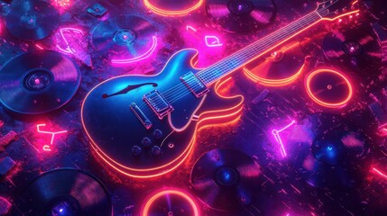 Electric guitar, neon lights, vinyl records, retro style, music scene