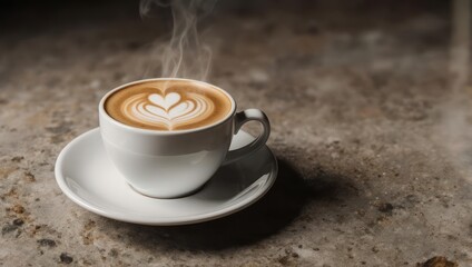 Steaming Hot Coffee Cup with Heart Latte Art on Saucer.