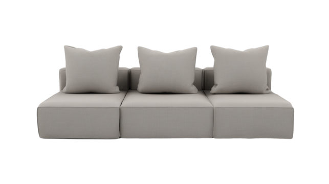 Modern minimalist three-seater sofa with light gray fabric and square cushions on transparent background
