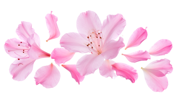 A beautiful composition of delicate pink rhododendron flowers and floating petals isolated on a clean white background