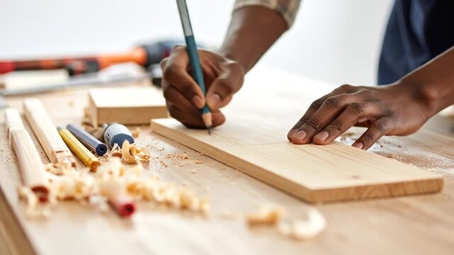 Woodworker's Precision: Crafting with Pencil on a Plank, Close-Up View of the Process