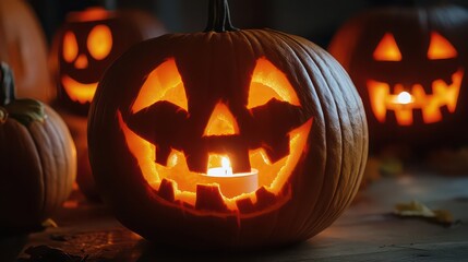 Spooky carved pumpkin glowing with candle light on halloween night