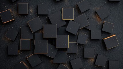 Scattered black cubes with subtle gold edges are arranged on a dark, textured background. Small gold glitter particles are sprinkled across the surface, creatin