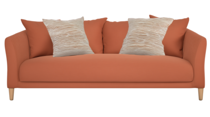 Modern terracotta sofa with wooden legs and patterned cushions on transparent background