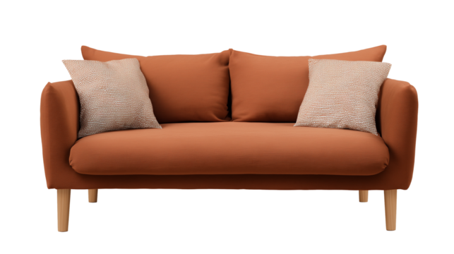 Modern compact sofa with earthy brown upholstery and wooden legs on transparent background