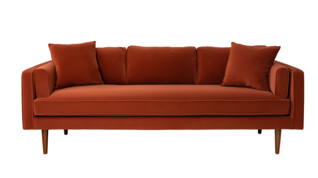 Mid-century modern three-seater sofa with burnt orange velvet upholstery and wooden legs on transparent background