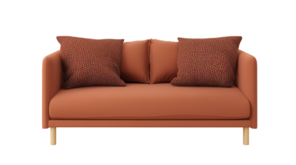 Modern minimalist sofa with brown fabric and geometric patterned pillows on transparent background