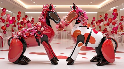 Two stylized, robotic horse sculptures adorned with abundant red and pink flowers, positioned facing each other. The background features a ballroom setting with