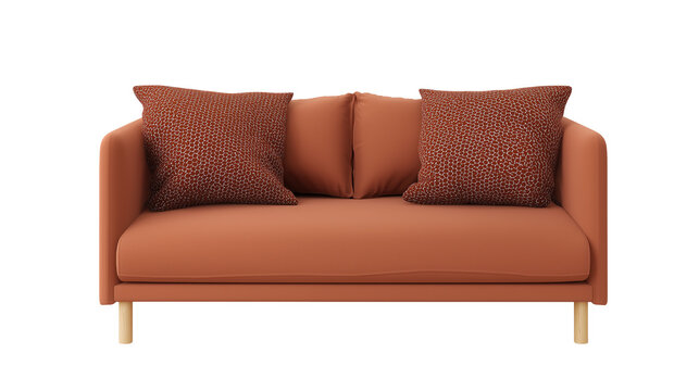 Modern minimalist sofa with brown fabric and geometric patterned pillows on transparent background