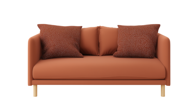 Modern minimalist sofa with brown fabric and geometric patterned pillows on transparent background