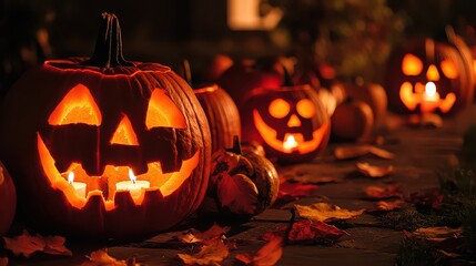 Glowing jackolanterns and autumn leaves on a dark halloween night