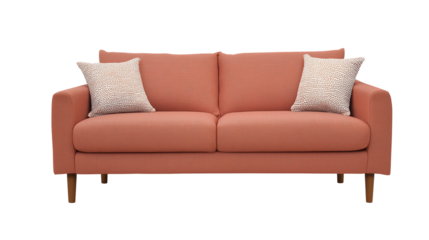 Modern terracotta sofa with light wood legs and textured throw pillows on transparent background