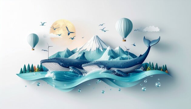 Stylized illustration of two blue whales swimming in ocean waves with mountains, hot air balloons, and birds under a bright sky.