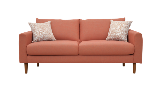Modern terracotta sofa with light wood legs and textured throw pillows on transparent background