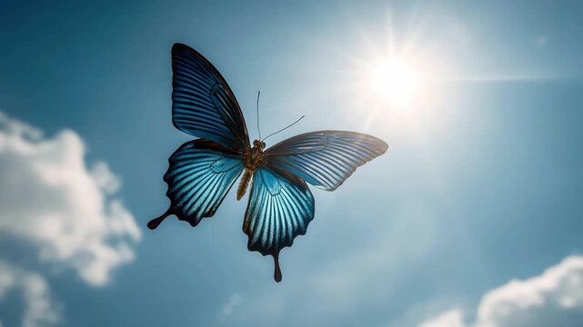 Generative AI. Vibrant blue butterfly gracefully flutters against a bright sky, showcasing intricate wing patterns and sunlight filtering through clouds, symbolizing freedom and beauty