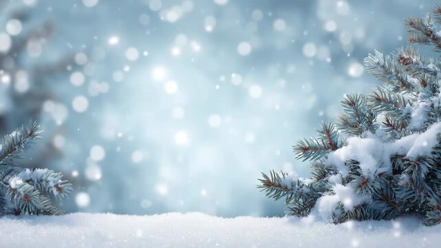 Generative AI. Snow-covered pine branches frame a serene winter landscape with soft snowfall and a blurred blue background, creating a tranquil and festive atmosphere for seasonal celebrations