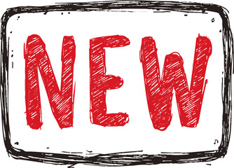 NEW sign sketch hand drawn red bold letters in rough black frame. Vector illustration