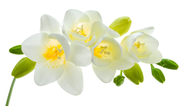 Delicate and fragrant white freesia flowers with vibrant green buds blooming beautifully, showcasing their elegant petals and bright yellow centers against a clean, crisp background