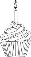 Cupcake with candle sketch, hand drawn line art birthday dessert. Vector illustration