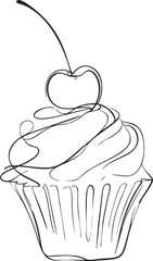 Cupcake sketch hand drawn with cherry on top, simple line art dessert. Vector illustration
