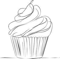 Cupcake sketch hand drawn with swirled frosting and ridged wrapper. Vector illustration