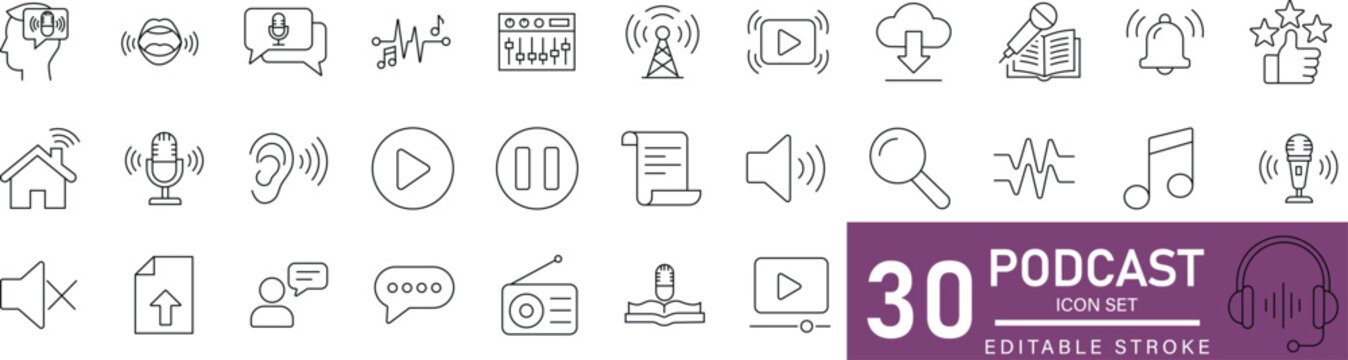 podcast line icon set with editable stroke, featuring, voice, storytelling, media, audio, live, microphone, recording, streaming, broadcasting, sound, waves, and digital media symbols
