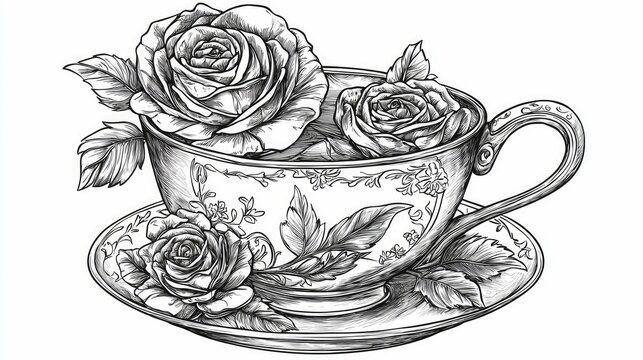 A delicate black and white sketch of three roses with leaves arranged in and around an ornate teacup and saucer.