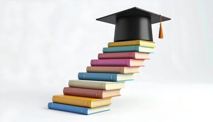 A graduation mortarboard sits atop a staircase of colorful books, symbolizing education