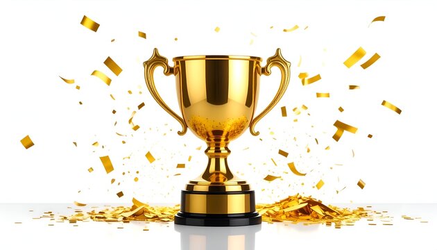A golden trophy with confetti, celebrating success against a bright white background