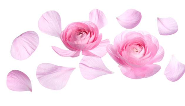 Delicate Pink Ranunculus Flower Petals Scattered Across a Clean White Background, Evoking Softness and Beauty