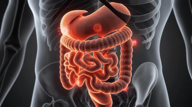 A clean and detailed 3D medical illustration showing the digestive organs inside a transparent human torso. The stomach, intestines, and large intestine are fully visible with glowing anatomical detai