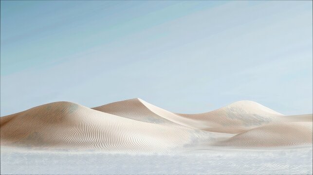 A vast landscape of undulating sand dunes under a clear, pale blue sky. The sand displays intricate ripple patterns from the wind, creating a sense of calm and