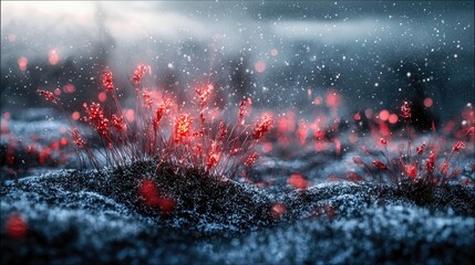 Close-up of red-tipped grasses growing from mossy ground, with falling snow and blurred red bokeh lights in the background, creating a magical winter atmosphere