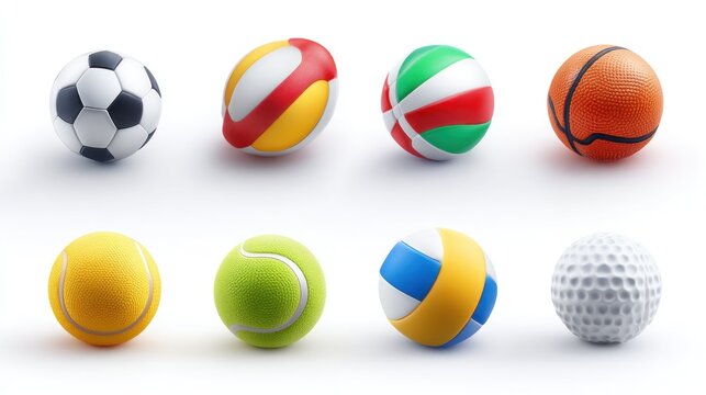 An assortment of eight balls for various sports, including soccer, volleyball, basketball, tennis, and golf, arranged against a white background - Powered by Adobe