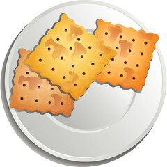 Three Golden Brown Square Crackers with Dark Specks Placed on a White Round Plate Detailed Texture Close Up Isolated on Transparent Background Healthy Snack or Appetizer