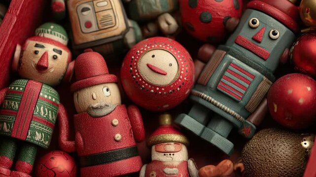Generative AI. Colorful wooden holiday decorations including nutcracker figurines, festive ornaments, and cheerful characters arranged in a vibrant display, evoking a joyful seasonal atmosphere